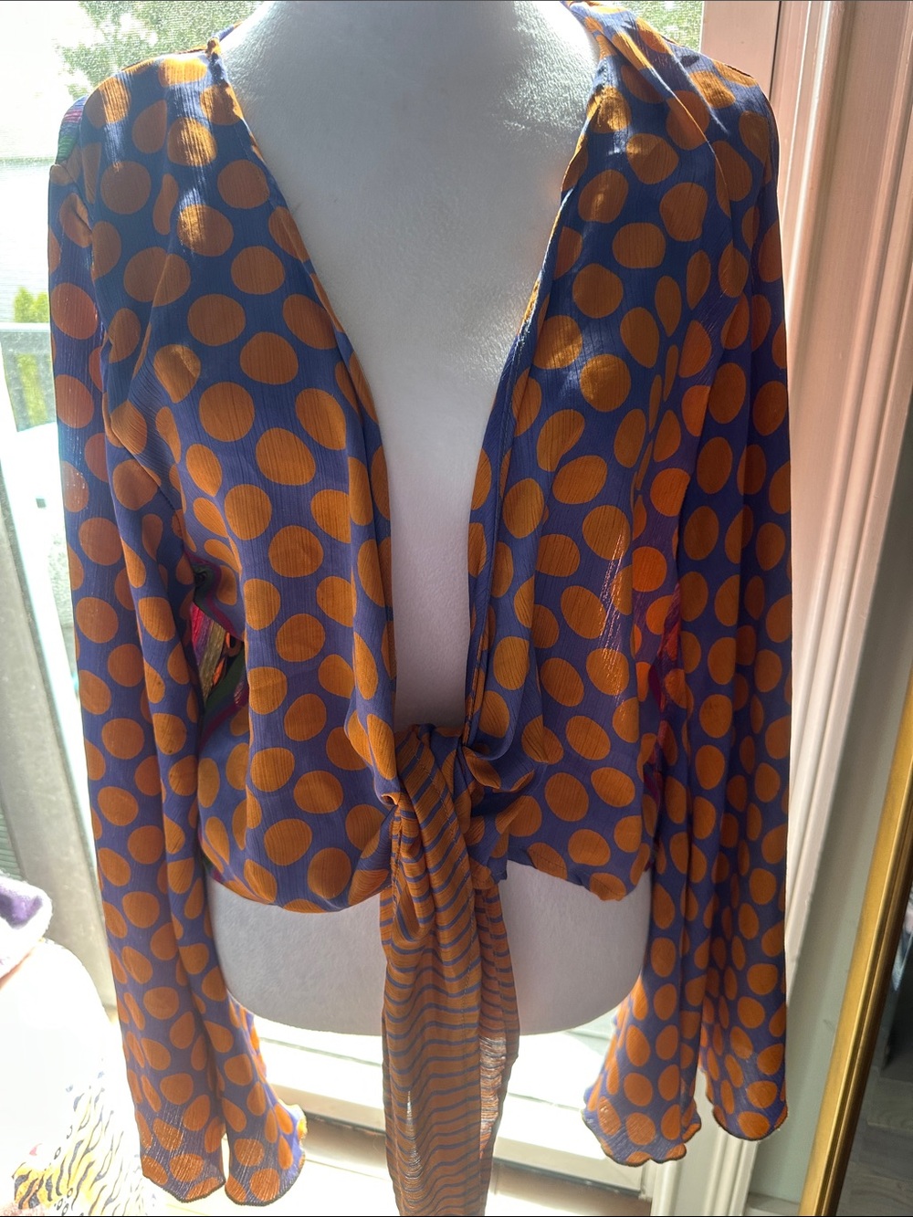 Polka Dot Tie-Front Blouse in Indigo & Orange